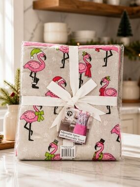 Temptations Flamingo Print Adjustable Apron with Removable Towel - Pink & Green